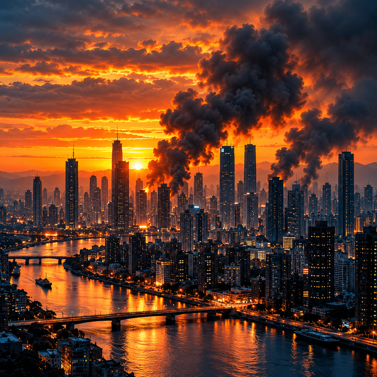 Illustration: smoke rising above a dense city skyline at sunset.