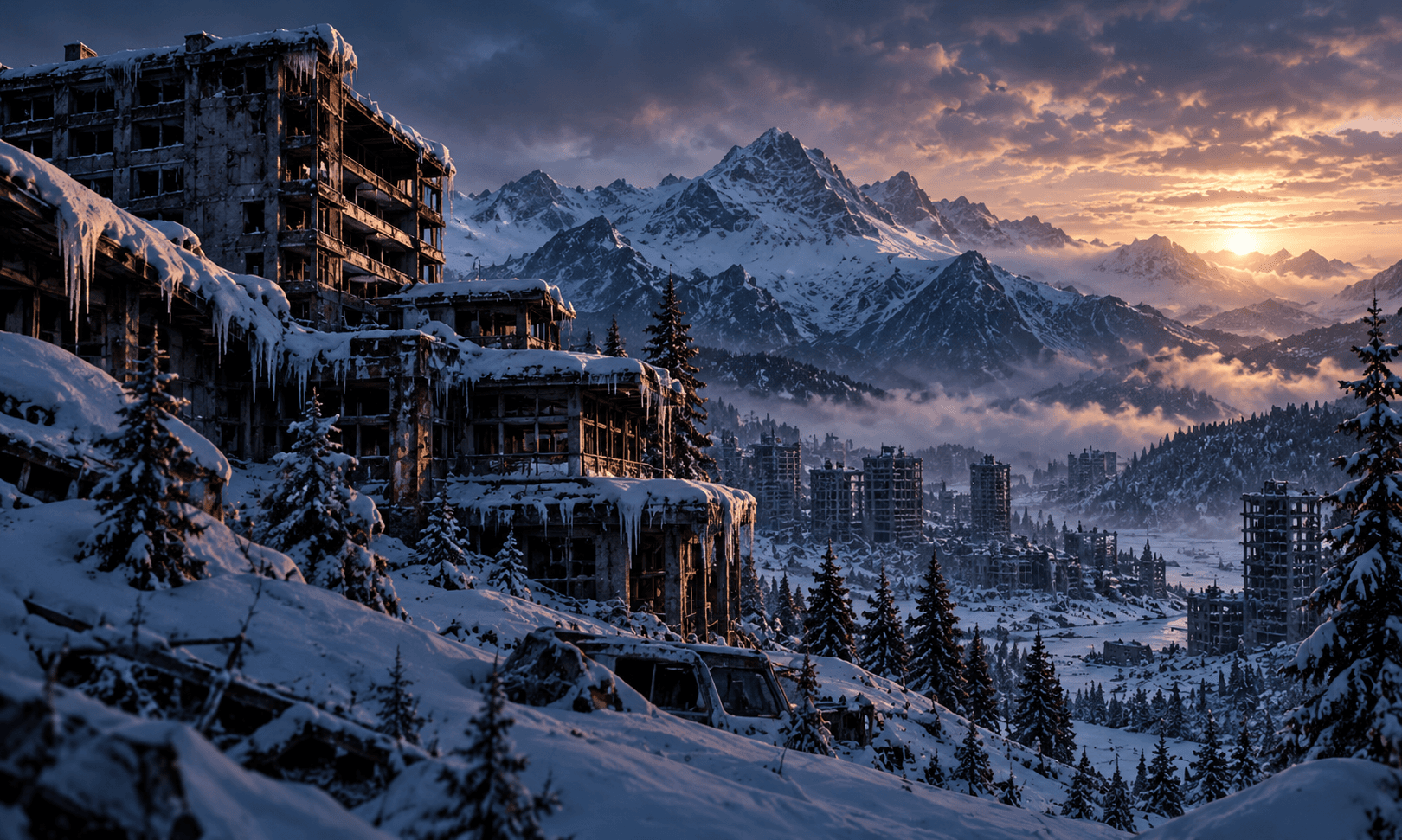 Illustration: an abandoned, snow-covered mountain settlement with ruined buildings.