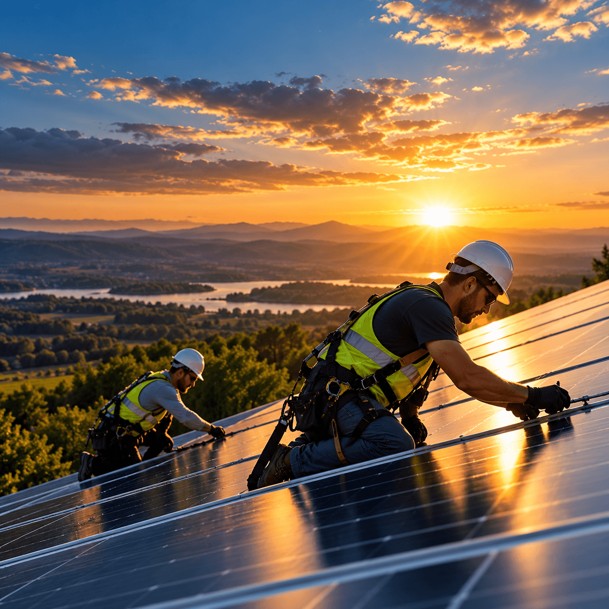 Illustration: two workers in hard hats and safety vests installing solar panels on a hillside at sunset, above a lake and wooded valley.