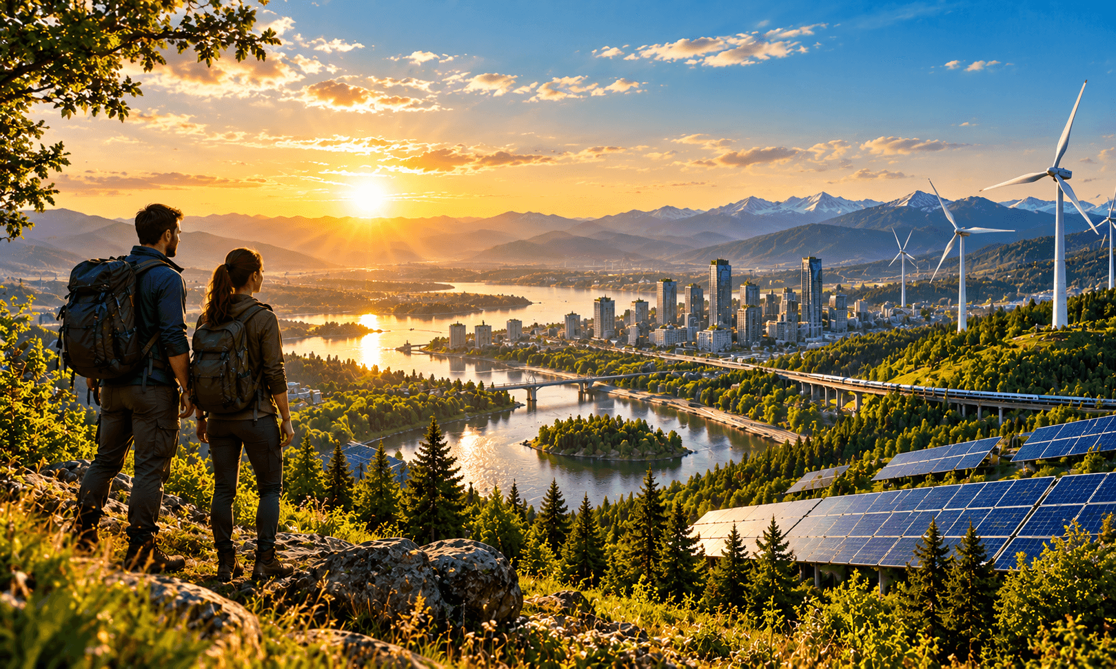 Illustration: two hikers overlooking a green city with wind turbines and solar panels at sunrise.