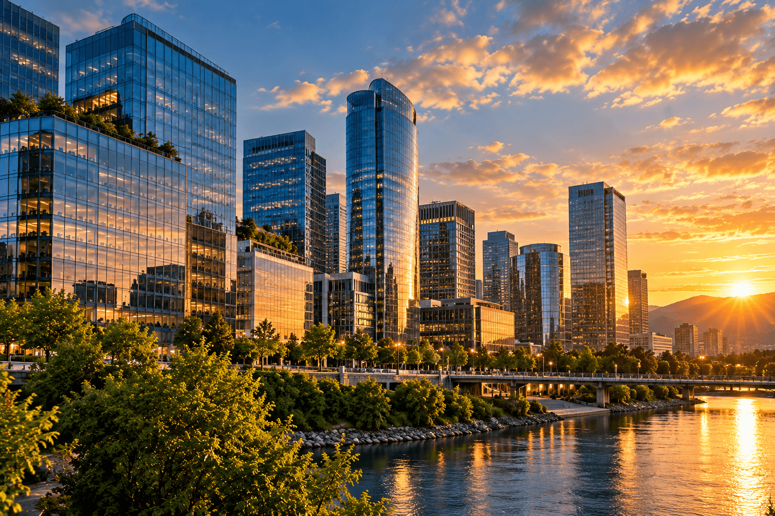 Illustration: glass office towers with rooftop greenery beside a tree-lined river at sunset.