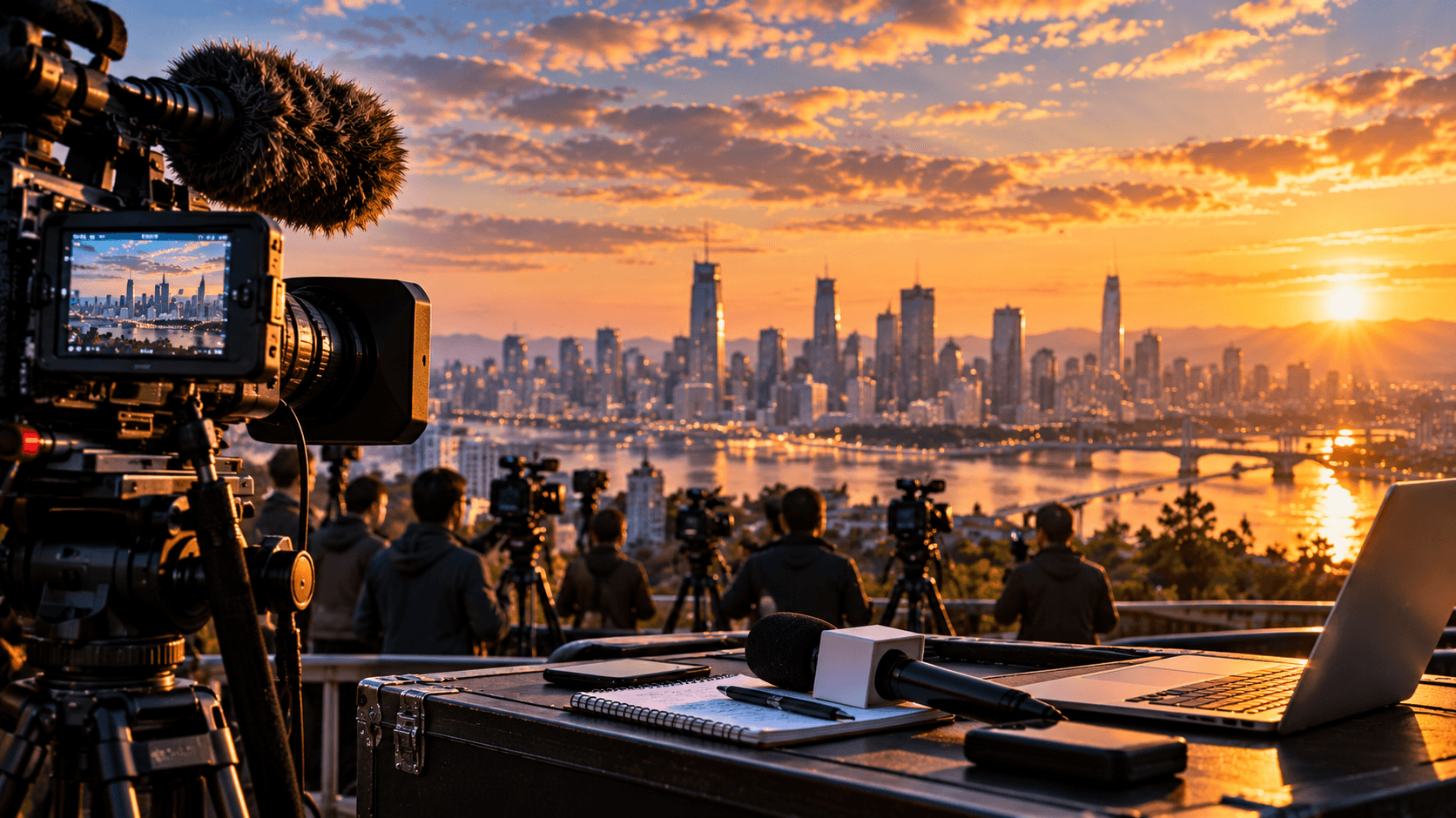 Illustration: a broadcast camera, microphone, notebook and laptop on a rooftop, with camera crews filming a city skyline at sunset.