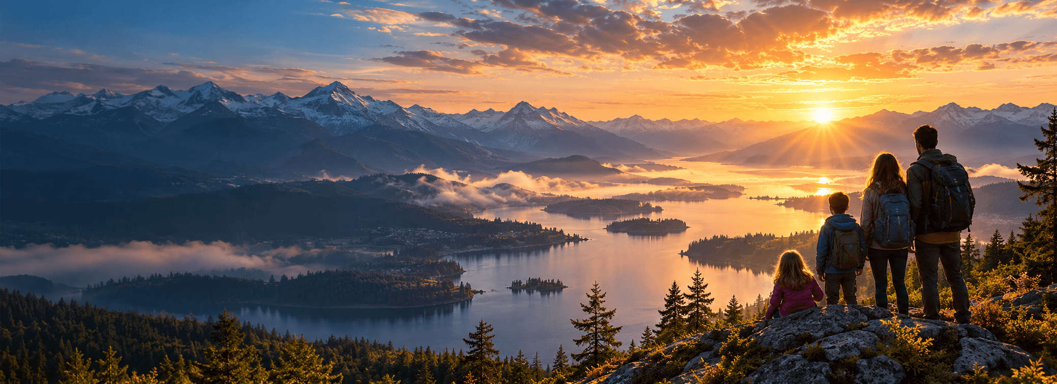 Illustration: a family with backpacks standing on a rocky summit at sunrise, looking out over a mountain lake, forested islands and snow-capped peaks.