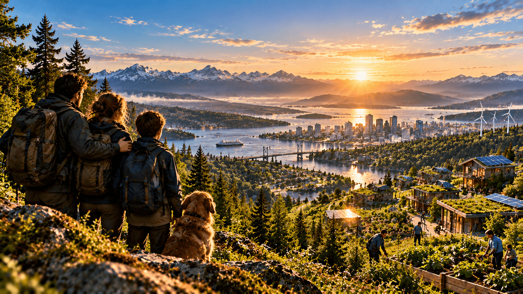 Illustration of a family and their dog on a hillside at sunrise, overlooking a green city with solar roofs, community gardens and wind turbines.