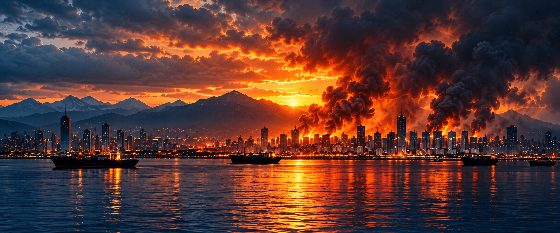 Illustration: a coastal city at dusk, with fires burning and smoke rising over the skyline.