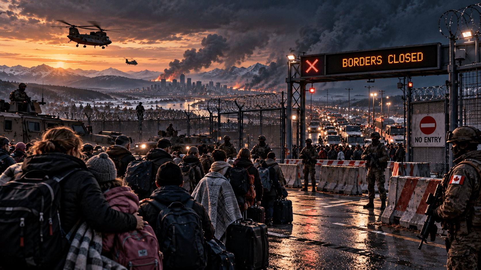 Illustration: crowds of people with luggage held back by soldiers and razor-wire fences beneath a Borders Closed sign, a burning city behind them.